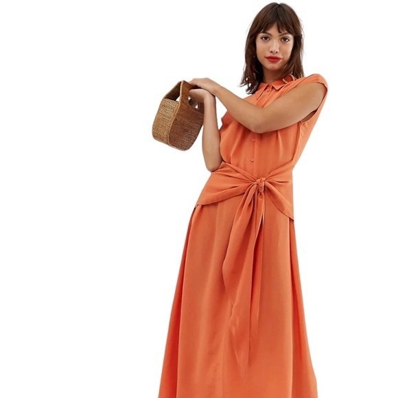 & Other Stories Salmon Orange Waist Knot Midi Dress in Viscose - Size Medium - Picture 2 of 9
